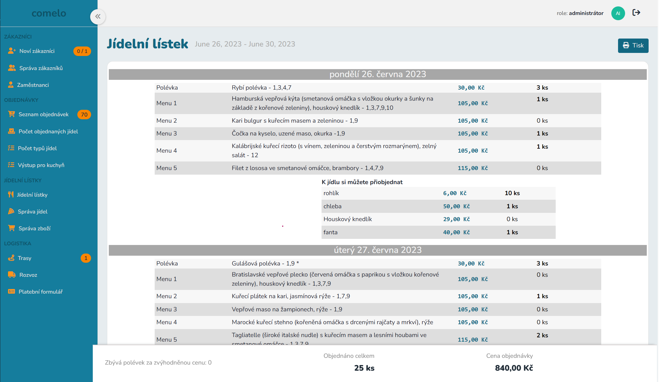 Aplikace pro objednávání a rozvoz jídel
